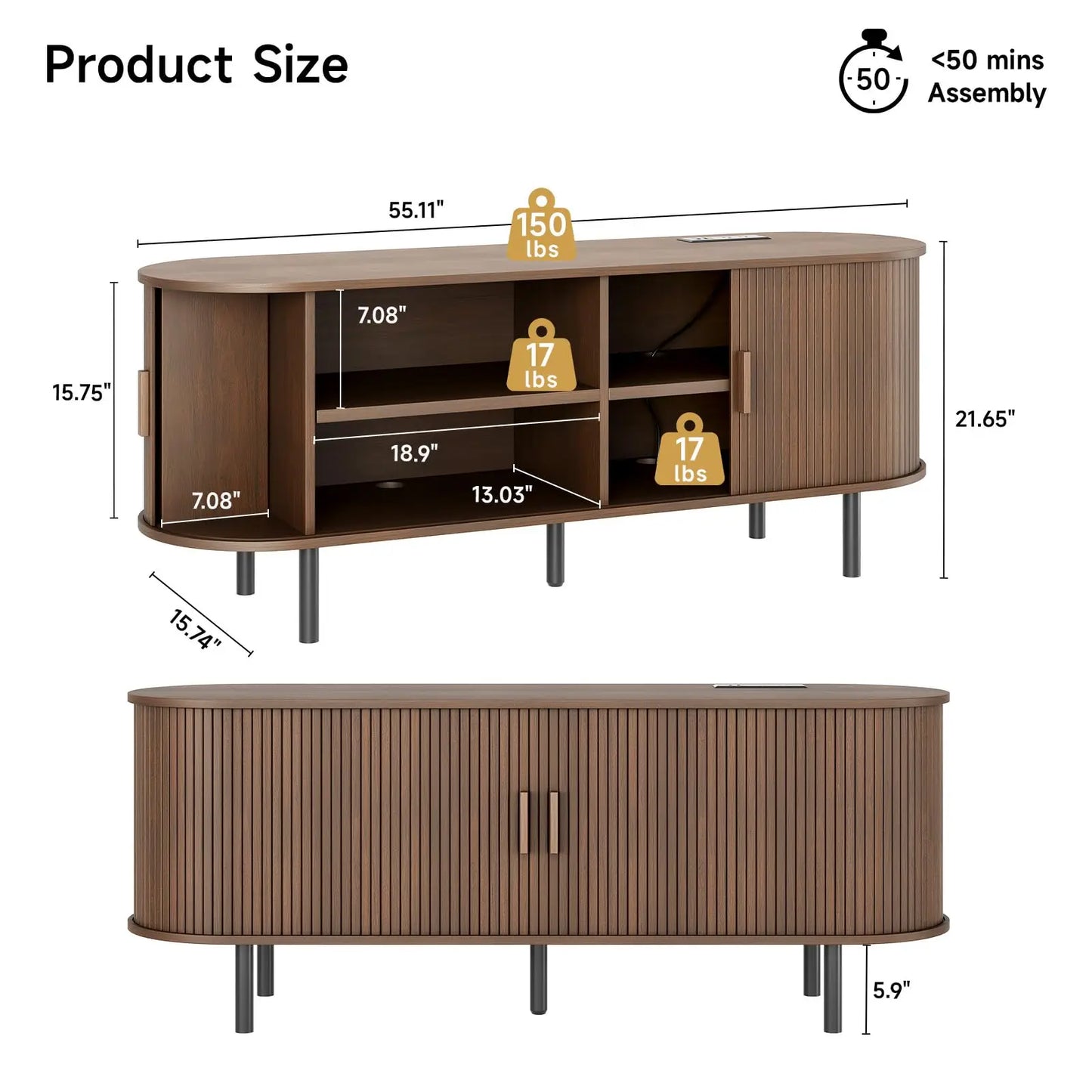 TV Stand With Power Outlet Sliding Doors Adjustable Shelves