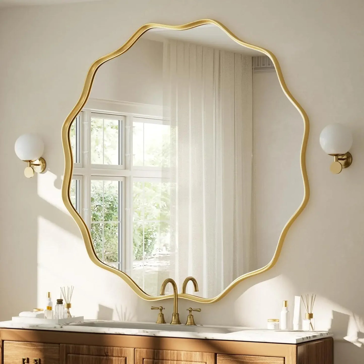 Scalloped Circle Wall Mirror With Tempered Glass Metal Deep Frame