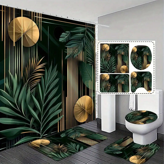 Bohemian Style Tropical Leaf Shower Curtain Set With Bath Rugs