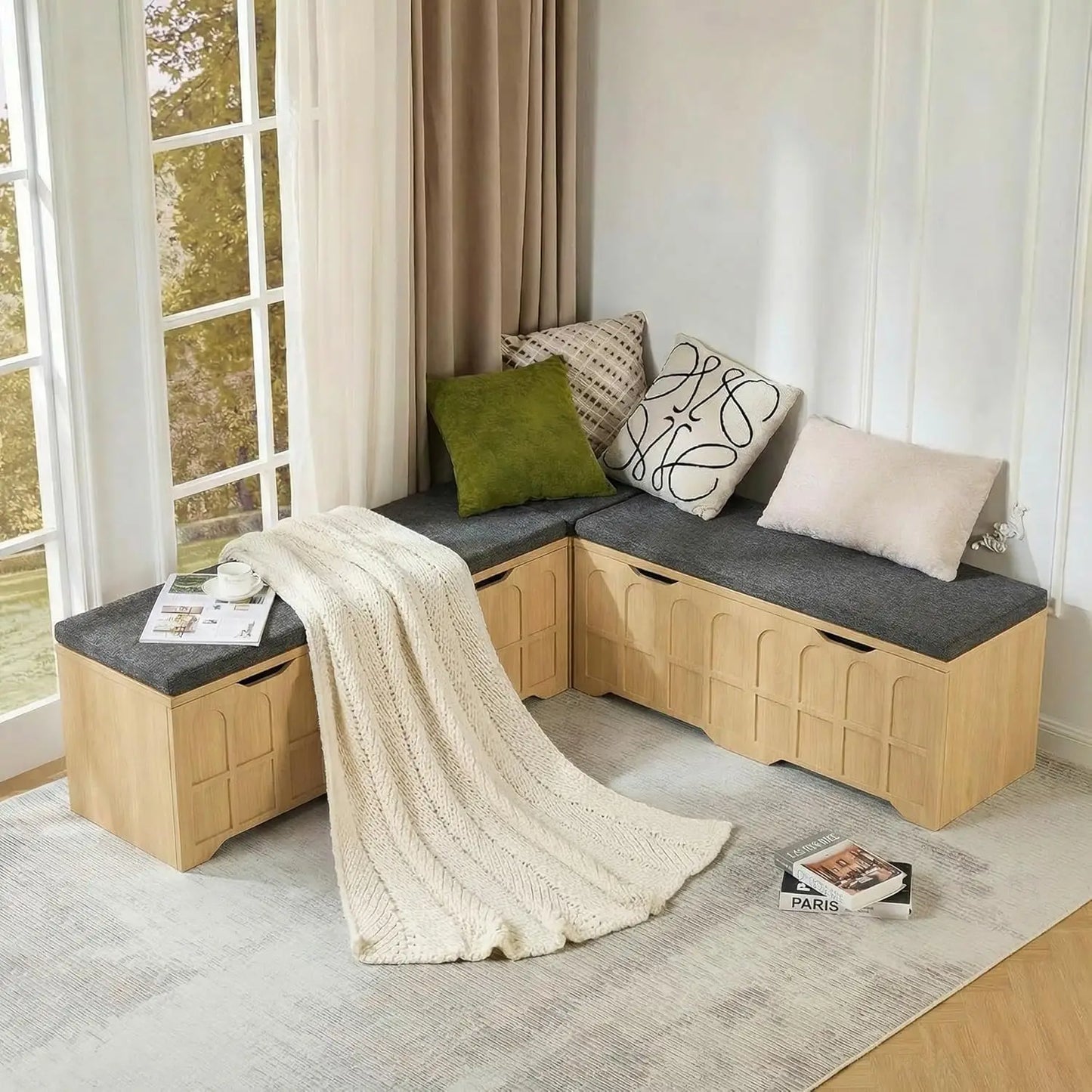 L-Shaped Bench With Cushion And Hidden Storage For Breakfast Nook