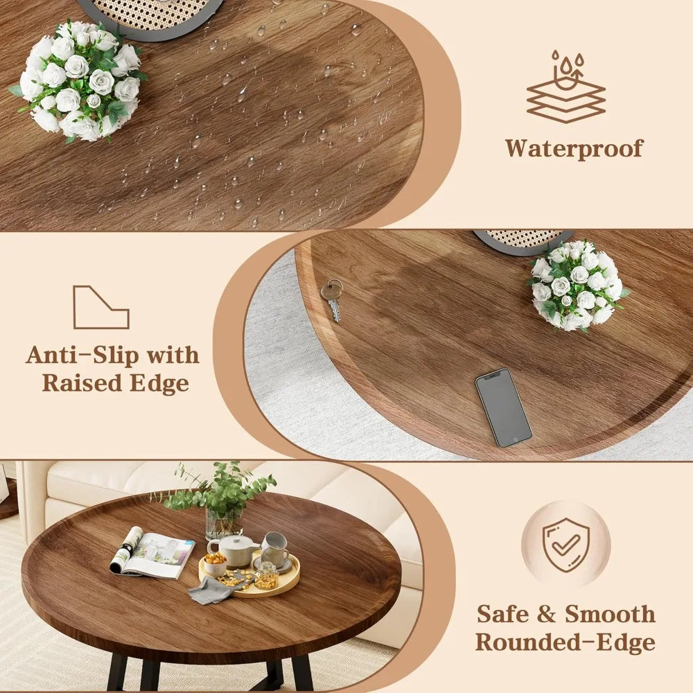 Vintage Wood Coffee Table Set With Round End Tables Easy Assembly