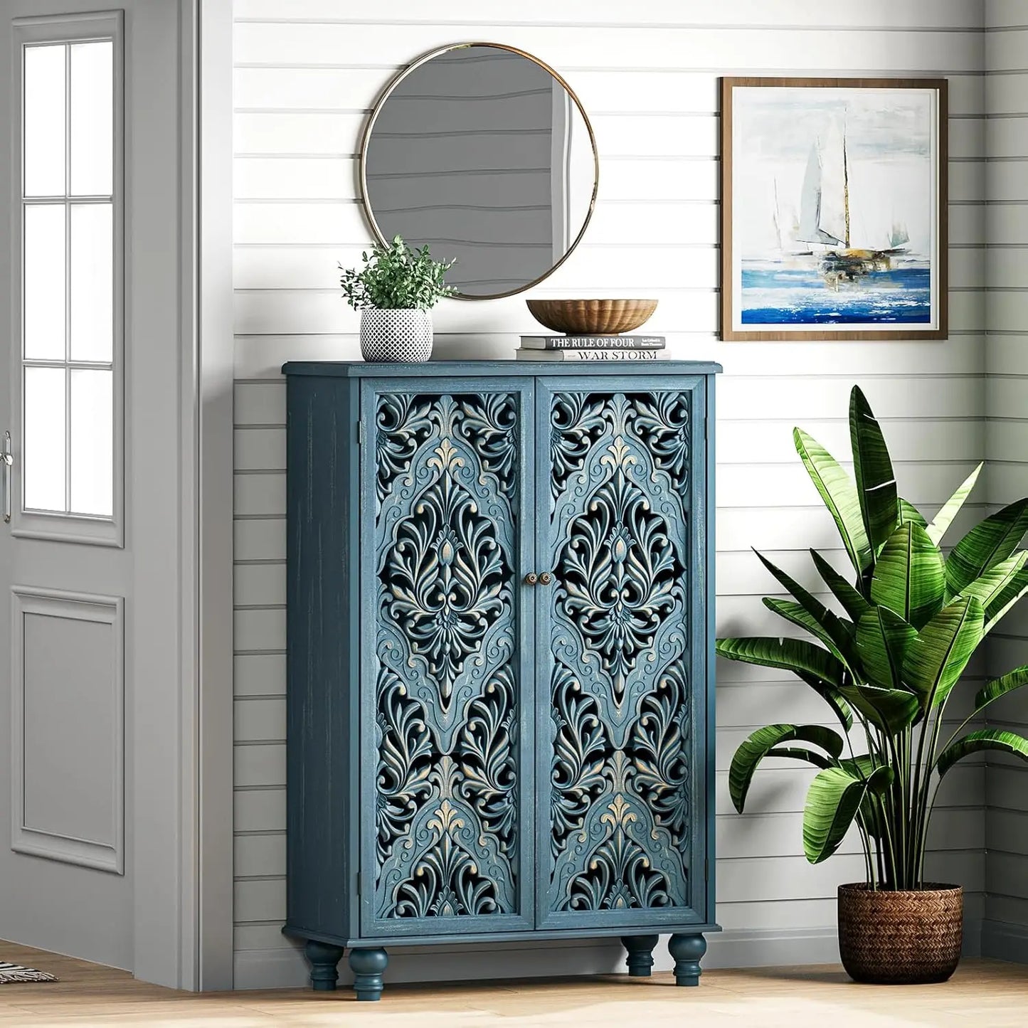 Mandala Carved Door Accent Cabinet With Solid Wood Legs Storage
