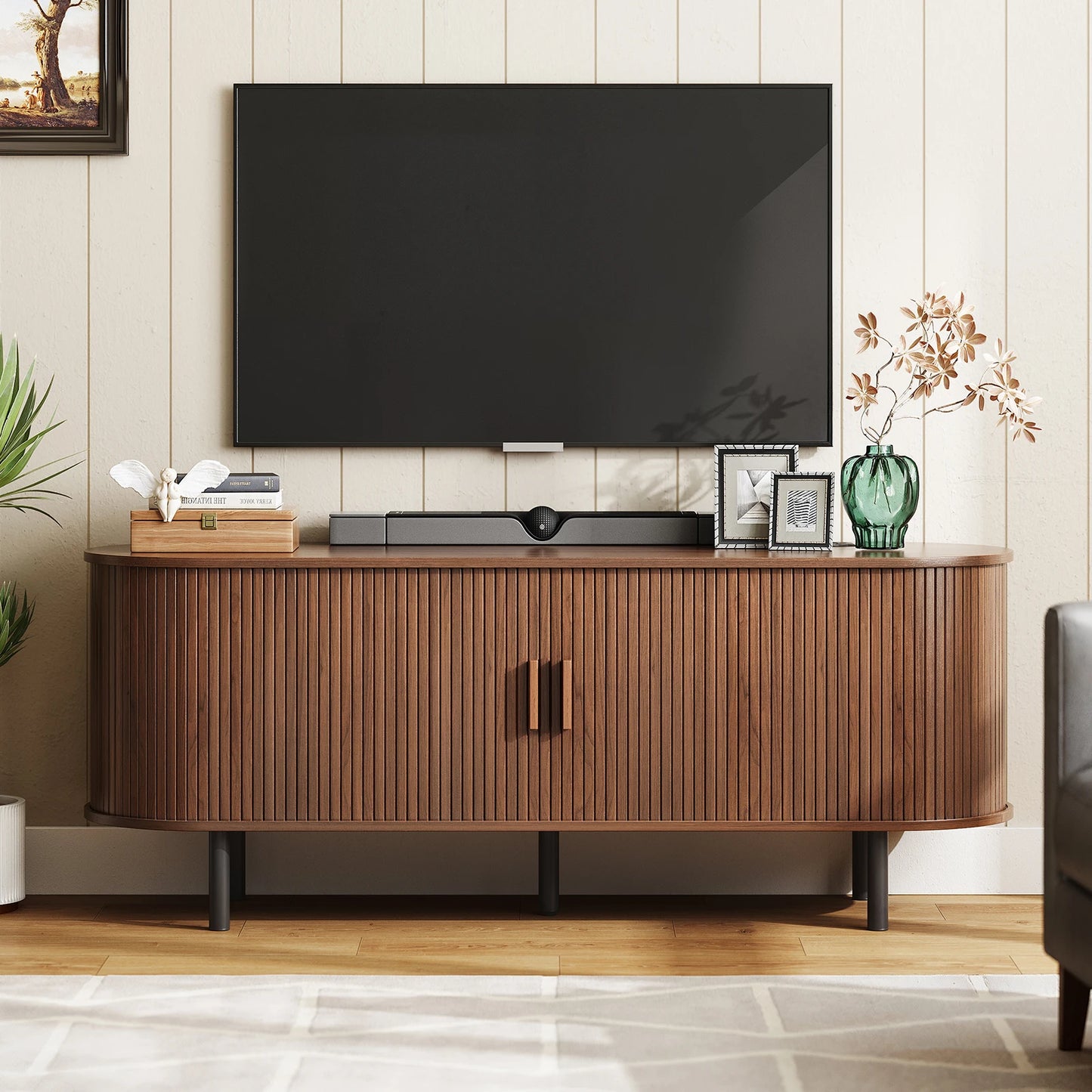TV Stand With Power Outlet Sliding Doors Adjustable Shelves