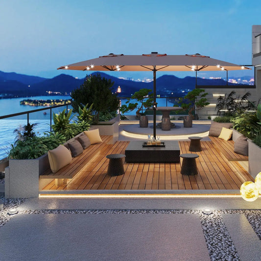 HiMISS Outdoor Patio Umbrella With Solar LED Lights Crank And Base