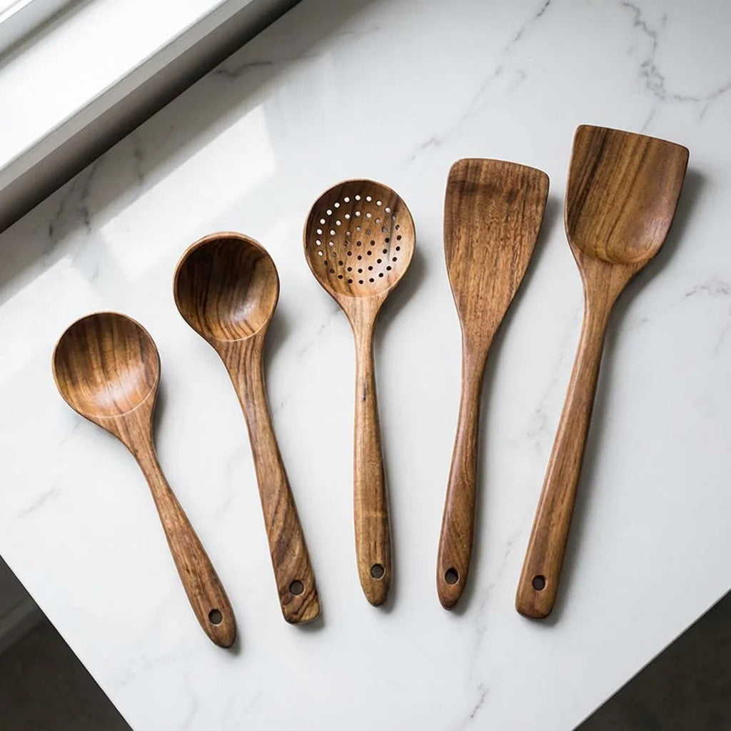 Acacia Wood Kitchen Utensil Set 5 Pieces Durable Pan Safe