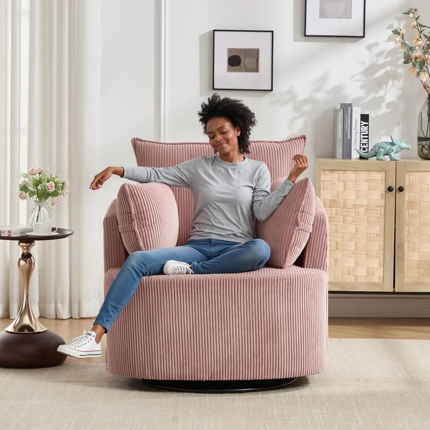 Corduroy Swivel Barrel Chair For Reading Living Room Office