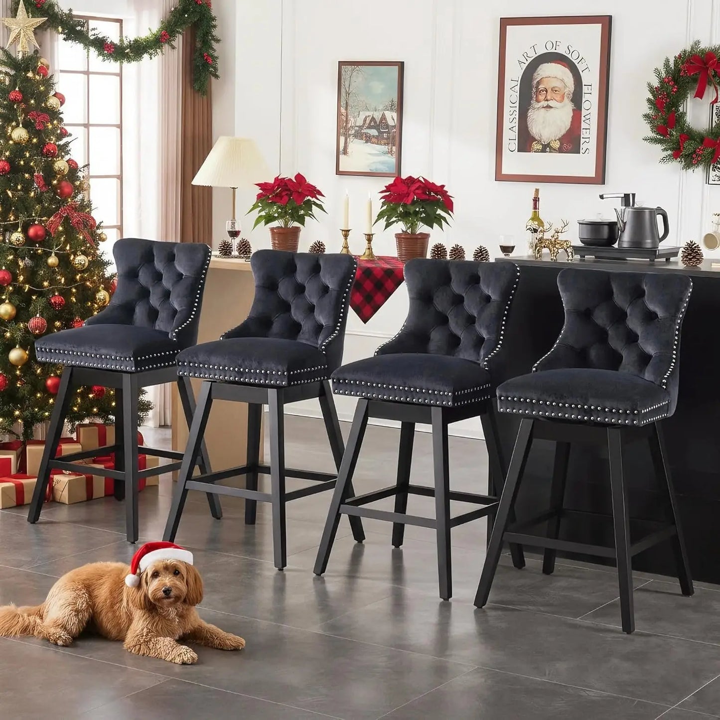Swivel Bar Stools Set of 4 with Back Velvet Upholstery