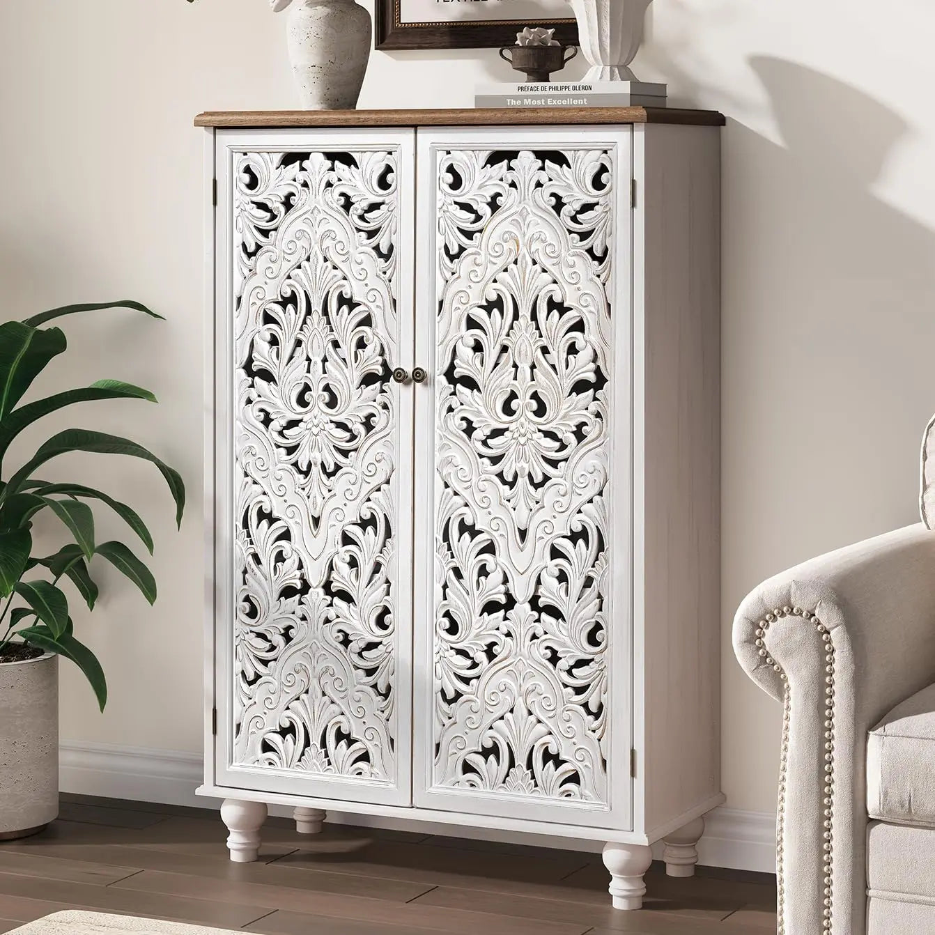 Mandala Carved Door Accent Cabinet With Solid Wood Legs