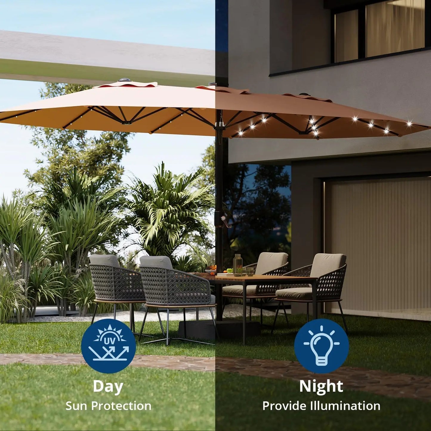 HiMISS Outdoor Patio Umbrella With Solar LED Lights Crank And Base