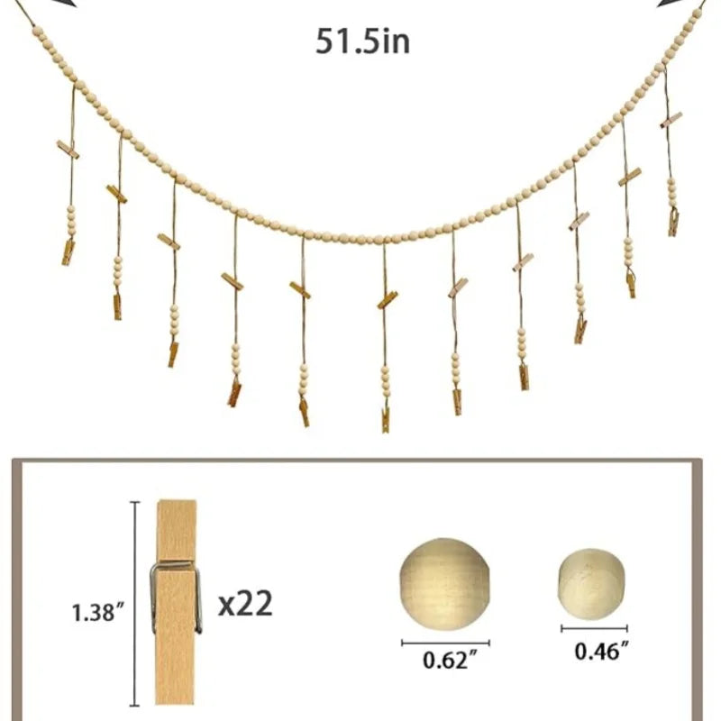 Wooden Bead Garland Hanging Photo Display Wall Decor