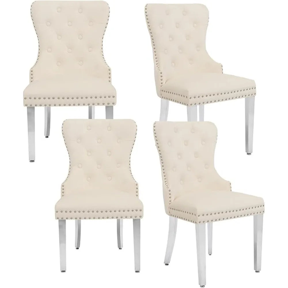 Velvet Tufted Dining Chairs With Pull Ring And Steel Legs