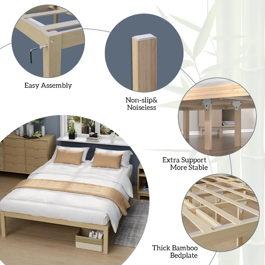 XIUWO Bamboo Bed Frame Platform Bed With Non Slip Slats