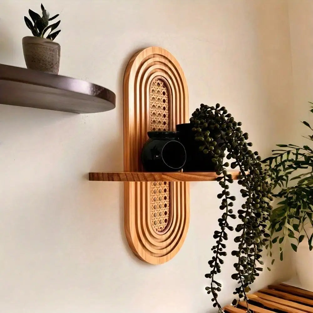 Arched Bohemian Wood Rattan Floating Shelf For Living Room