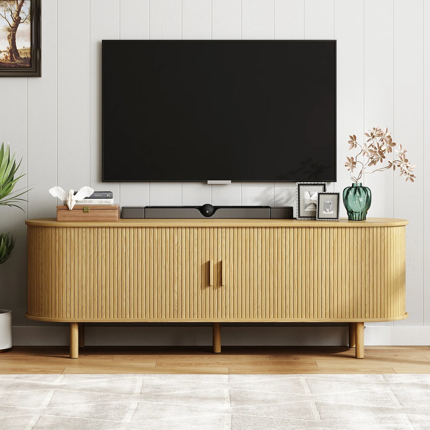 TV Stand With Power Outlet Sliding Doors Adjustable Shelves