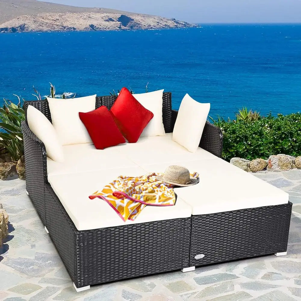 Rattan Daybed With Cushioned Loveseat And Pillows For Outdoor Patio Courtyard