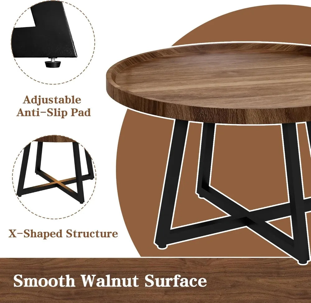 Vintage Wood Coffee Table Set With Round End Tables Easy Assembly