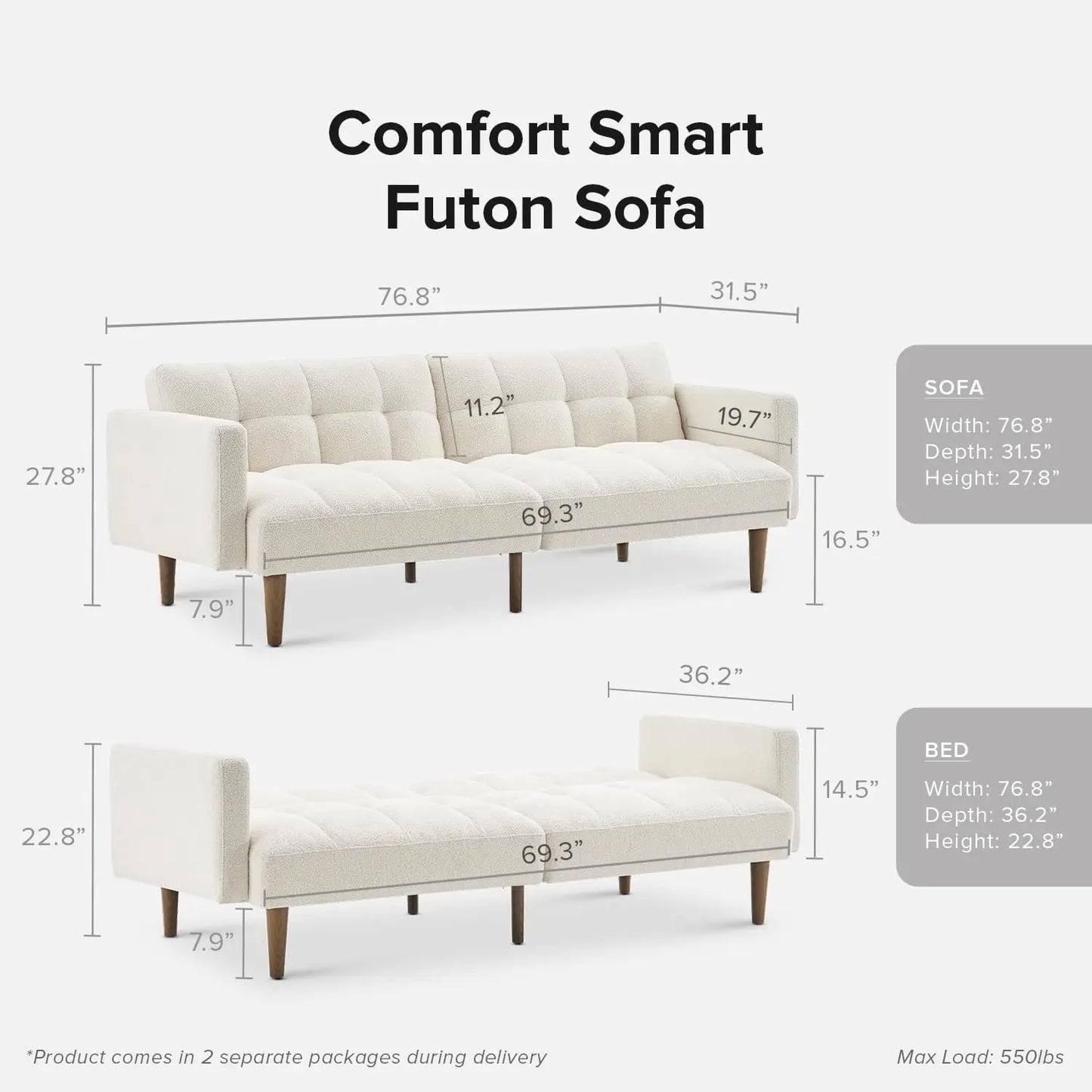OEINGC Mid Century Modern Futon Sofa Bed Loveseat Boucle