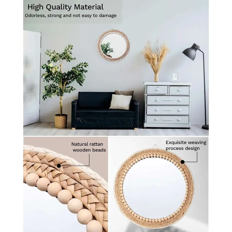 Boho Wall Mounted Round Rattan Mirror for Home Decor