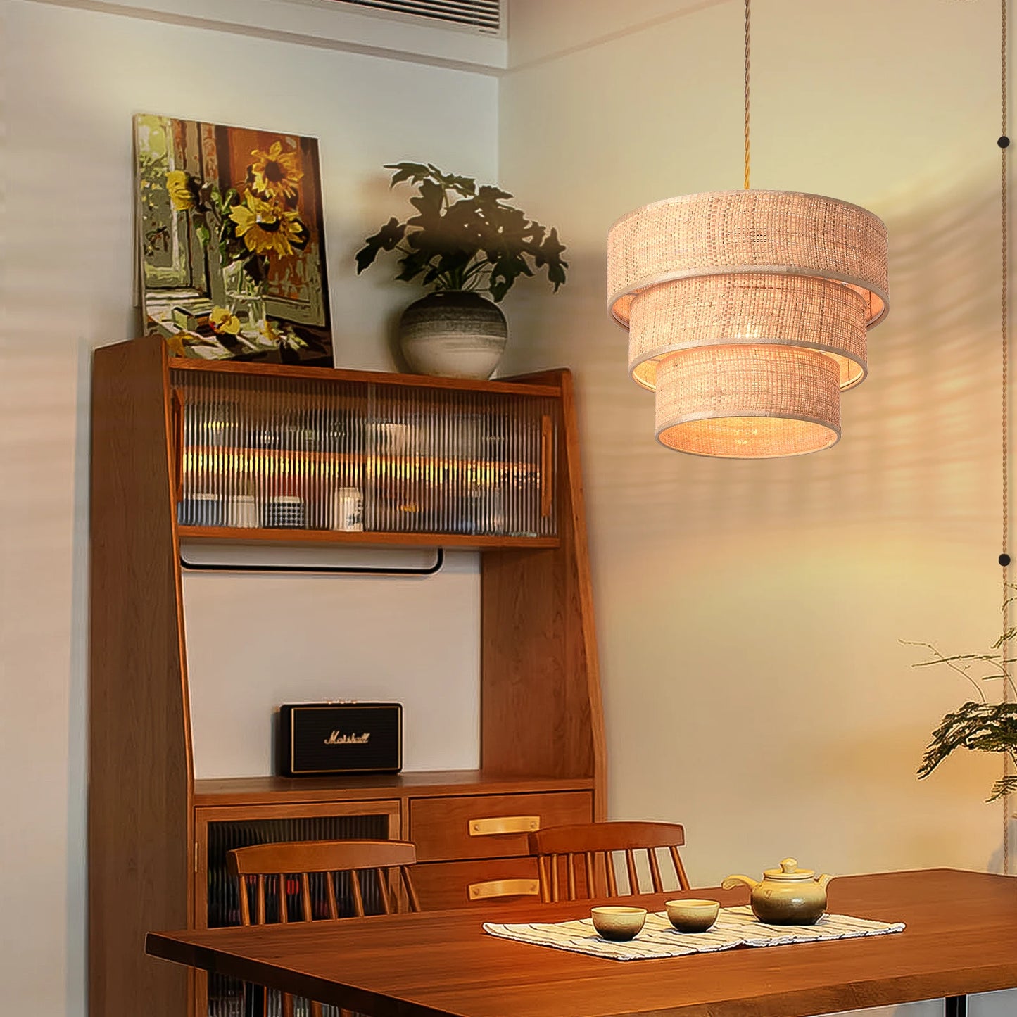 Rattan Plug In Pendant Light Three Tier Boho Chandelier