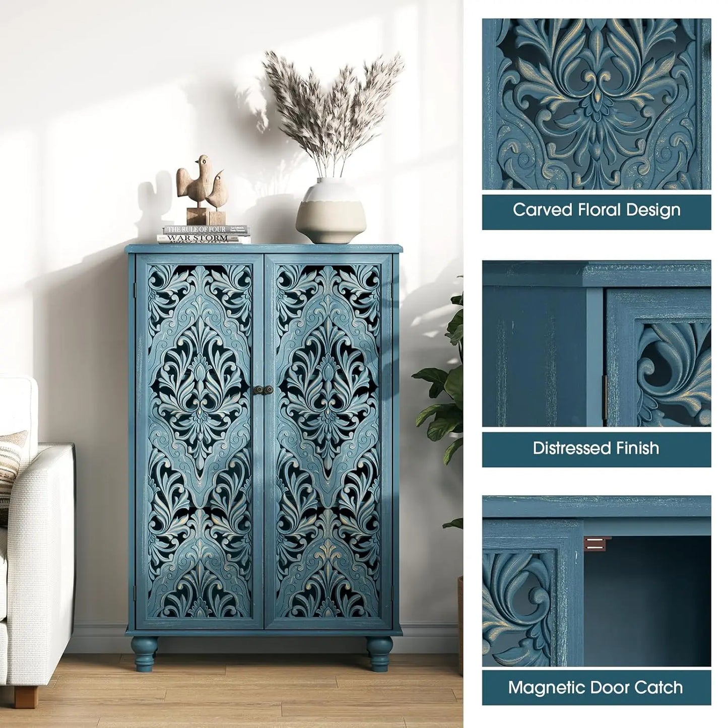 Mandala Carved Door Accent Cabinet With Solid Wood Legs Storage
