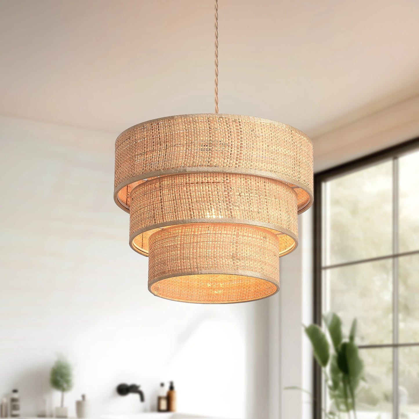 Rattan Plug In Pendant Light Three Tier Boho Chandelier