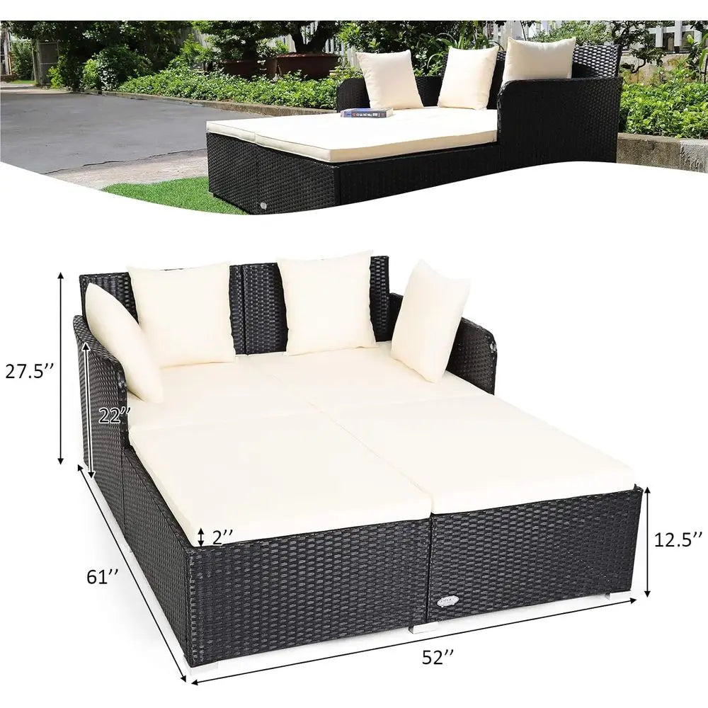 Rattan Daybed With Cushioned Loveseat And Pillows For Outdoor Patio Courtyard