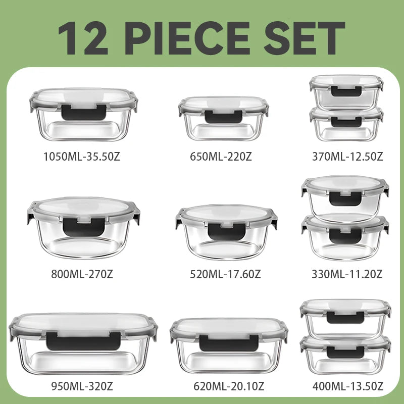 Glass Lunch Box Set 12 Pieces Airtight Microwave Safe Containers