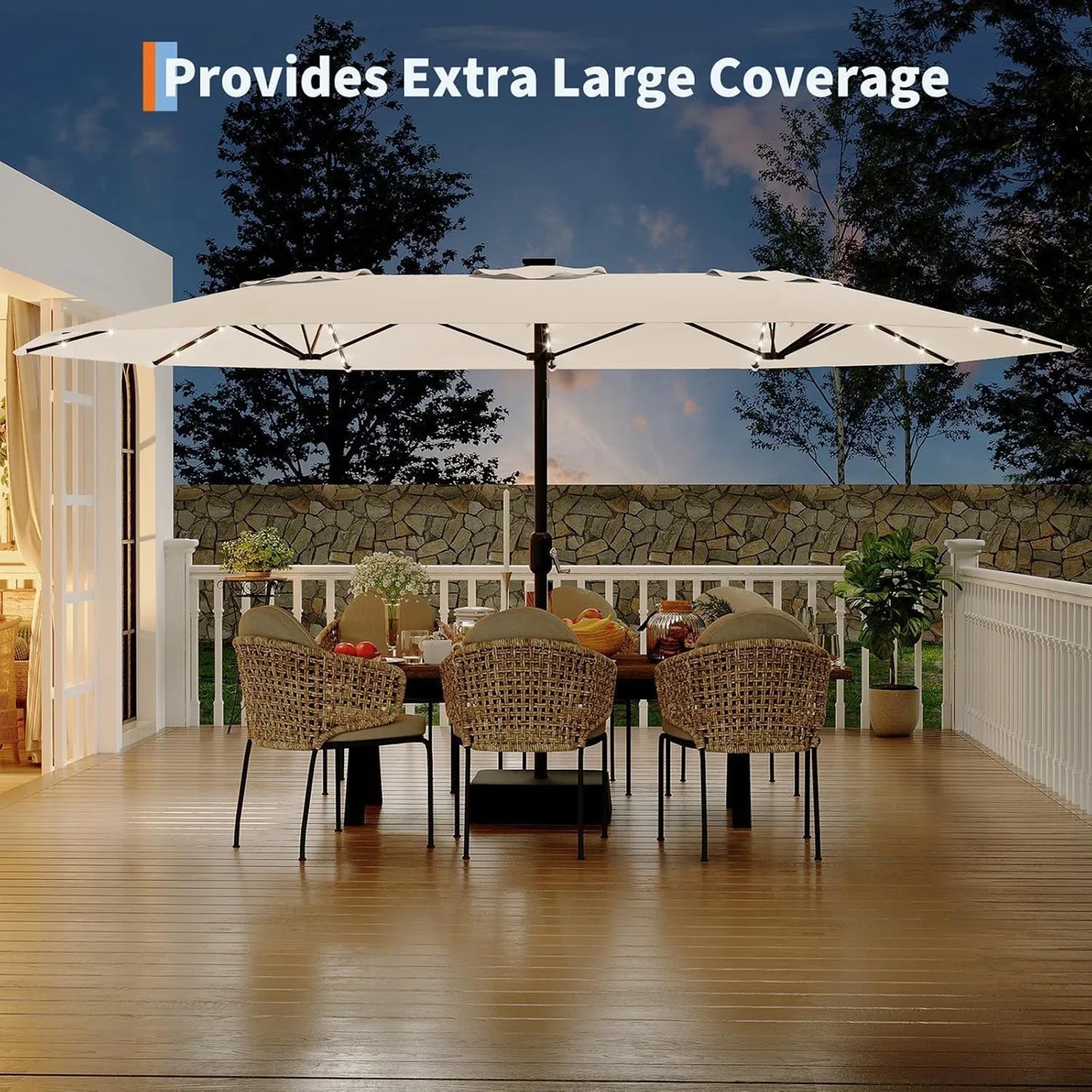 HiMISS Outdoor Patio Umbrella With Solar LED Lights Crank And Base
