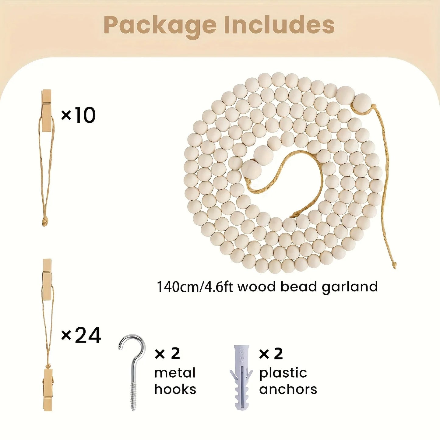 Wooden Bead Garland Hanging Photo Display Wall Decor