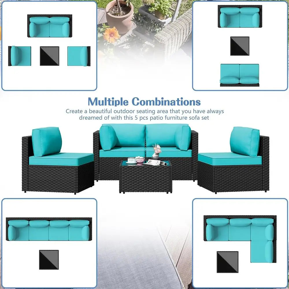 Outdoor Patio Sectional Sofa Set With Glass Coffee Table