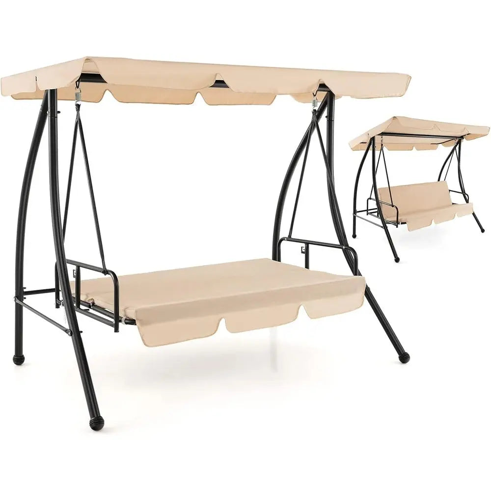 Dual Person Outdoor Swing Bed With Adjustable Canopy And Cushions