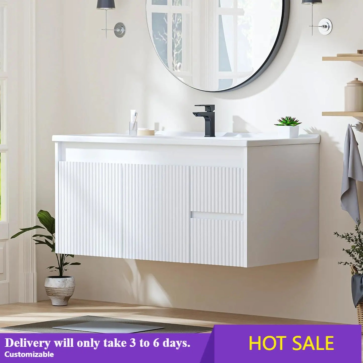 Floating Bathroom Vanity With Ceramic Sink Wall Mounted Storage