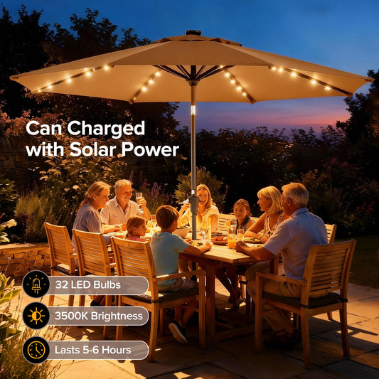 JHK Solar Powered Patio Umbrella With LED Lights Tilt