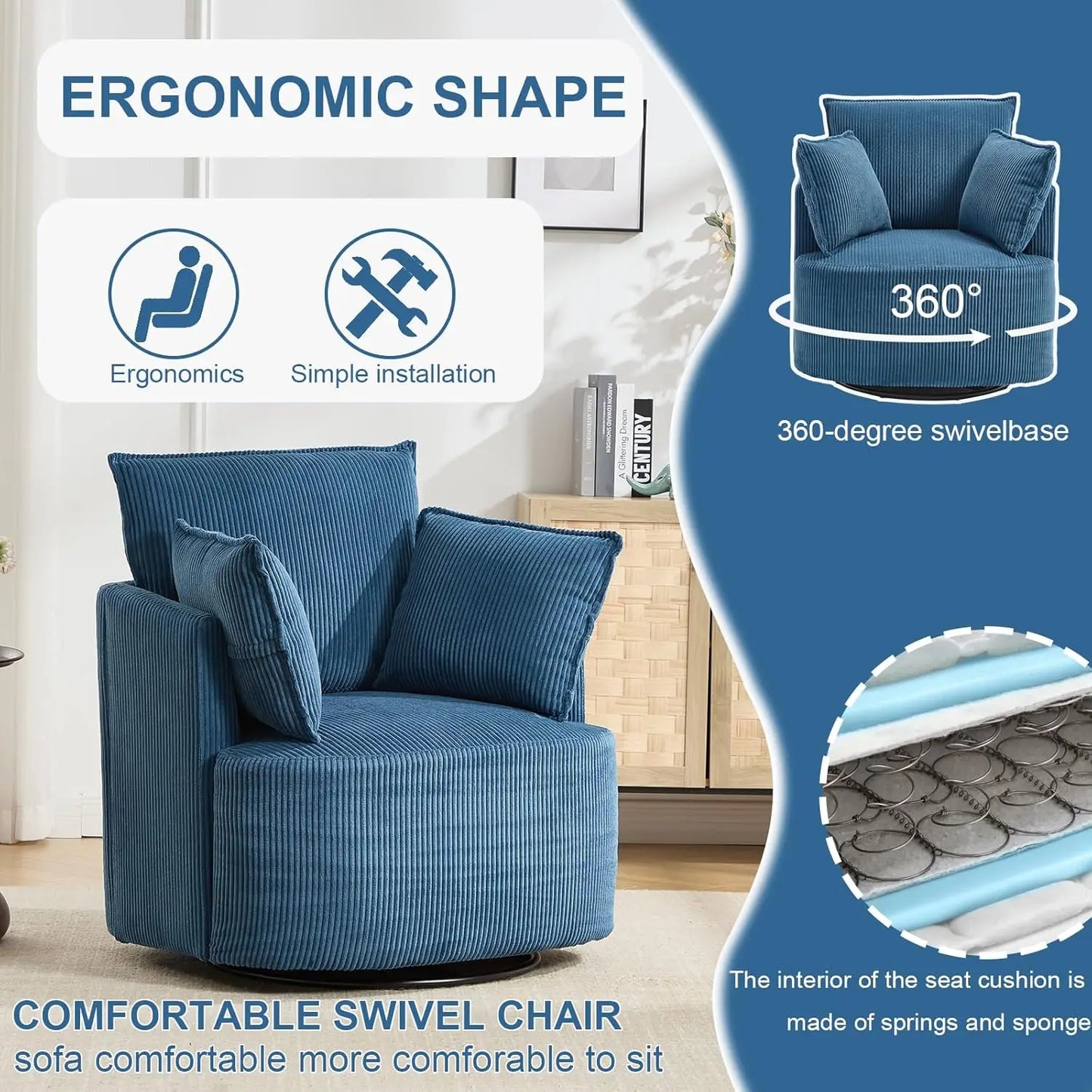 Corduroy Swivel Barrel Chair For Reading Living Room Office
