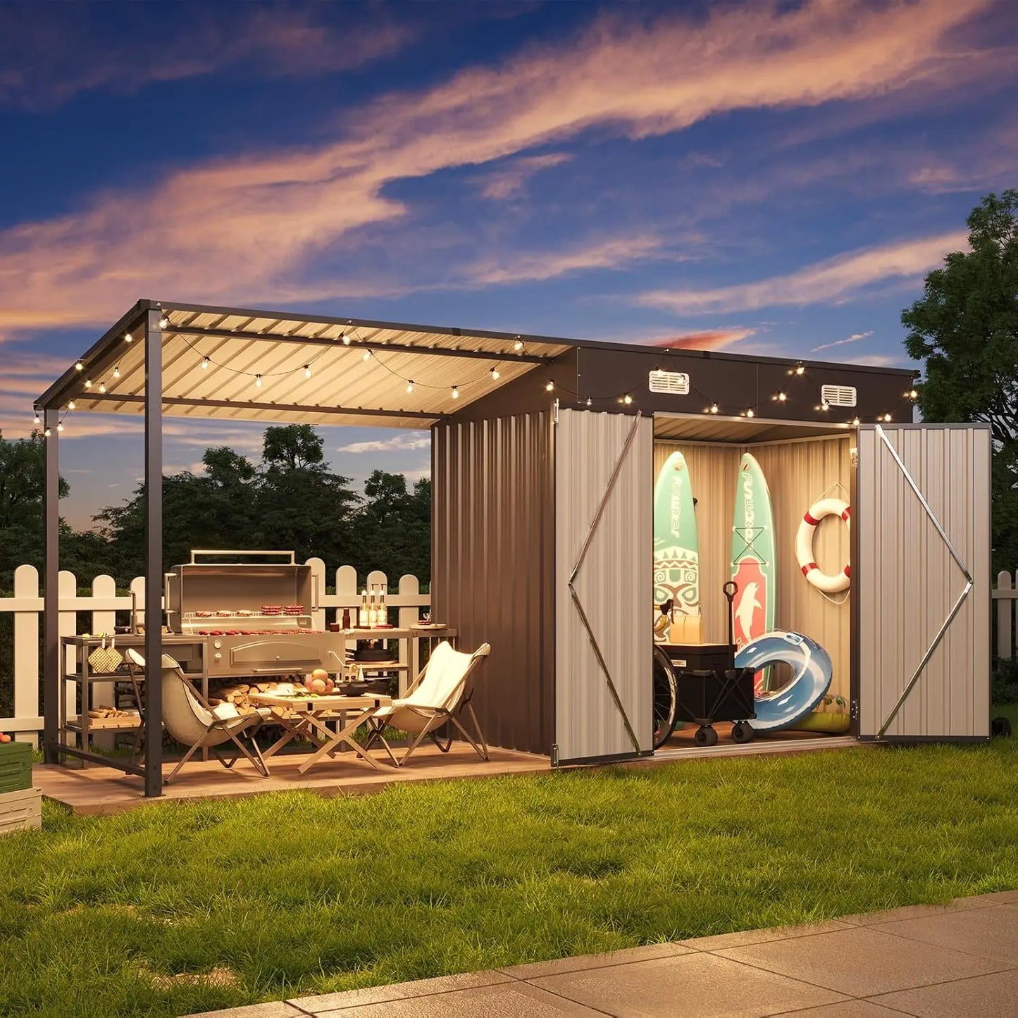 Metal Storage Shed Gazebo Combo 2 In 1 Leanto Organizer