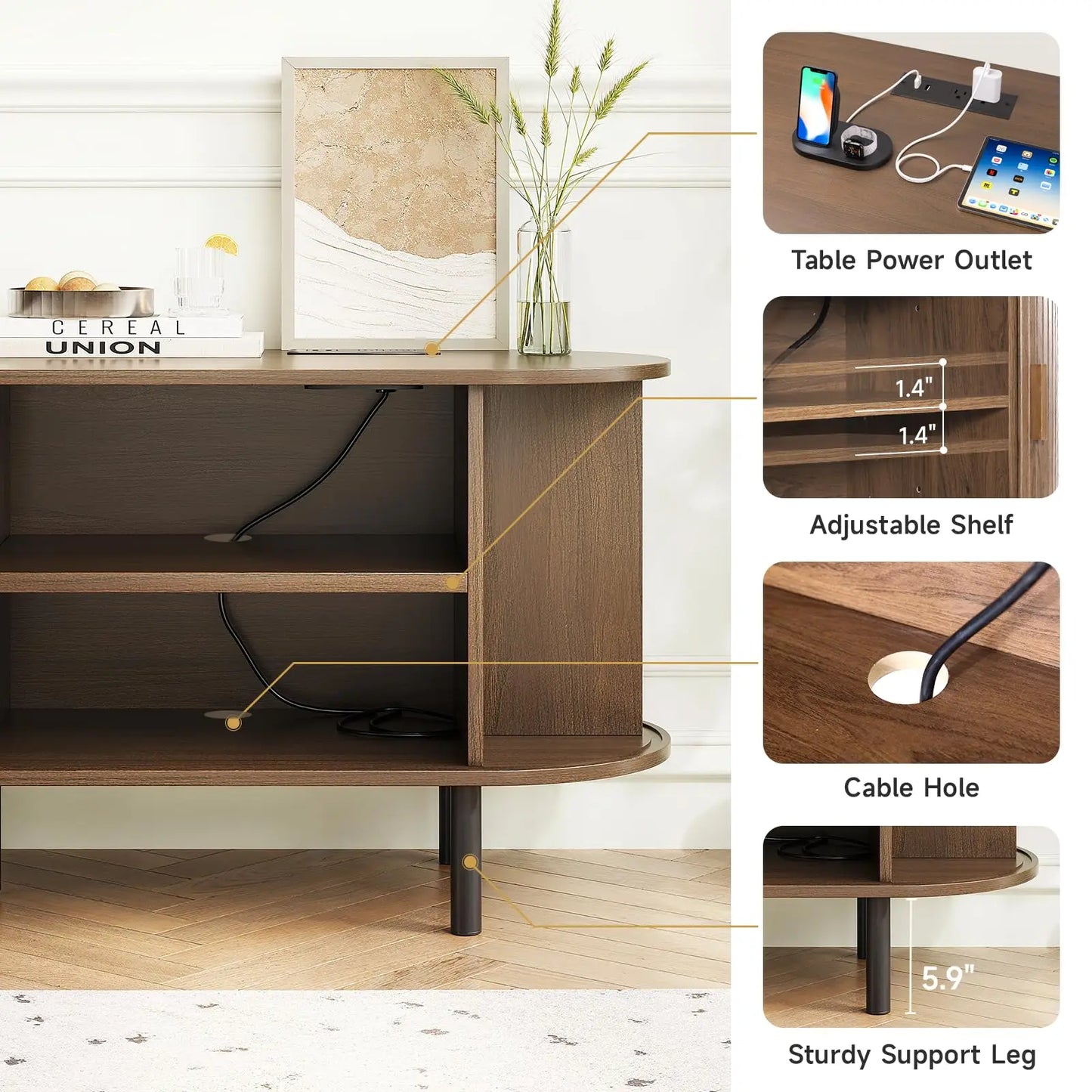 TV Stand With Power Outlet Sliding Doors Adjustable Shelves