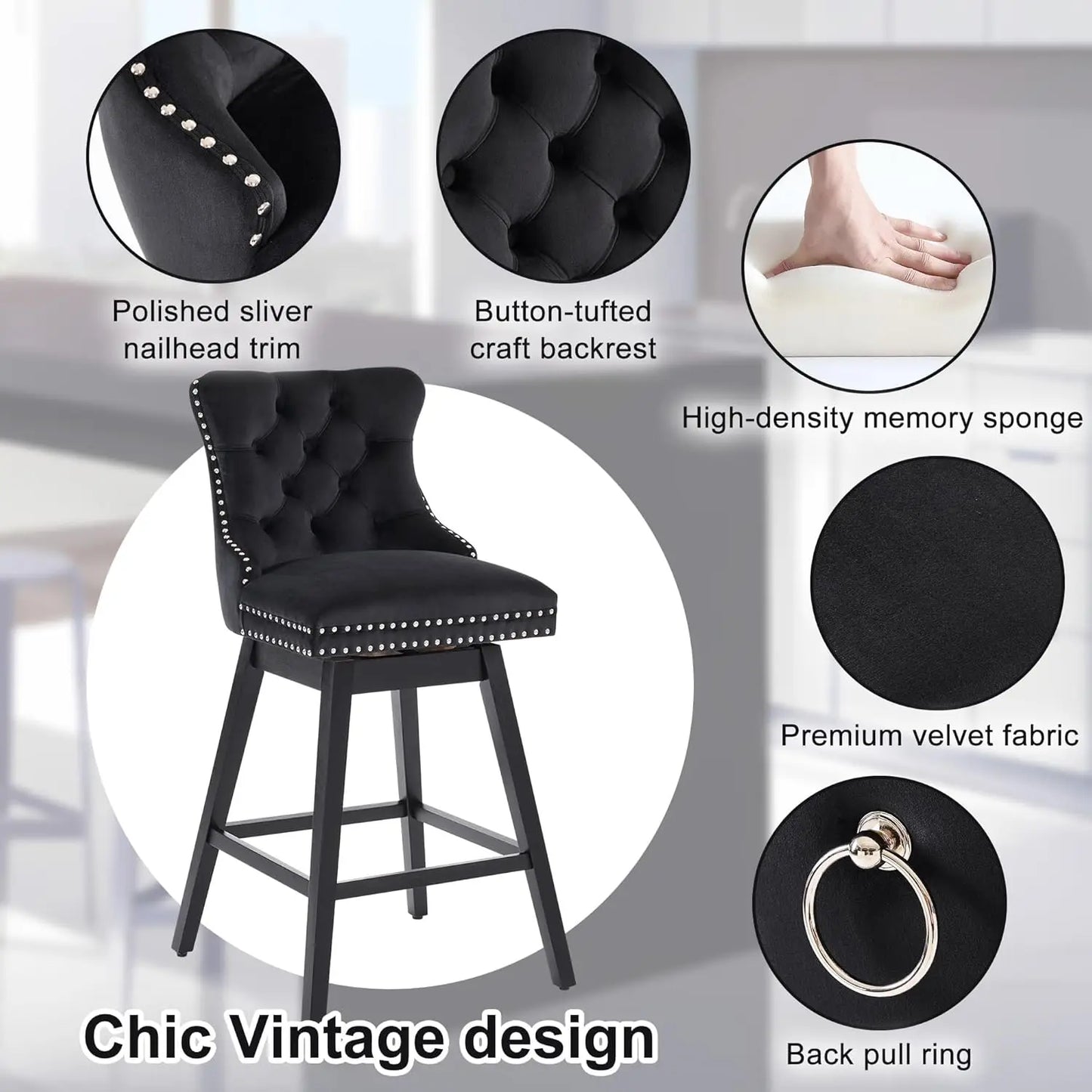 Swivel Bar Stools Set of 4 with Back Velvet Upholstery