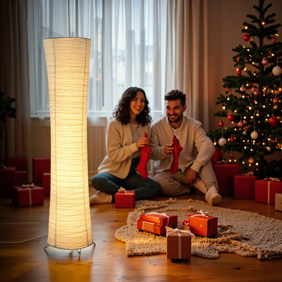 Paper Floor Lamp With Chrome Stand And LED Light Strip
