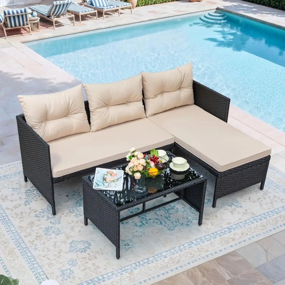 Outdoor Wicker Sectional Sofa Set With Cushions And Coffee Table For Patio