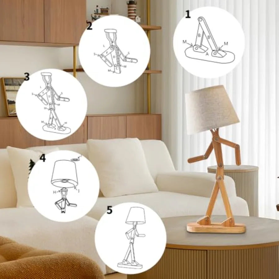 Cute Desk Lamp Robot Themed Bedside Light With Wood Arm