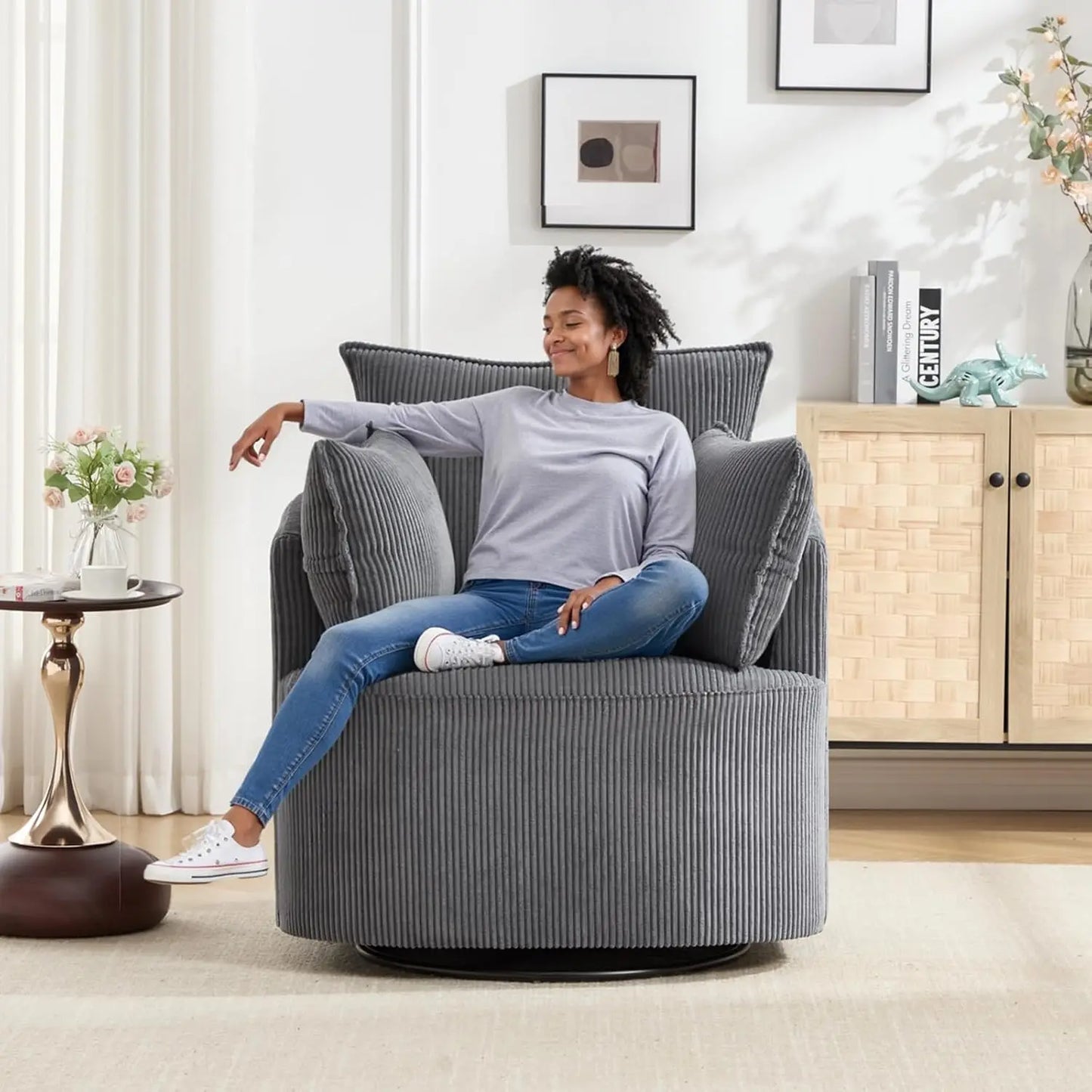 Corduroy Swivel Barrel Chair For Reading Living Room Office