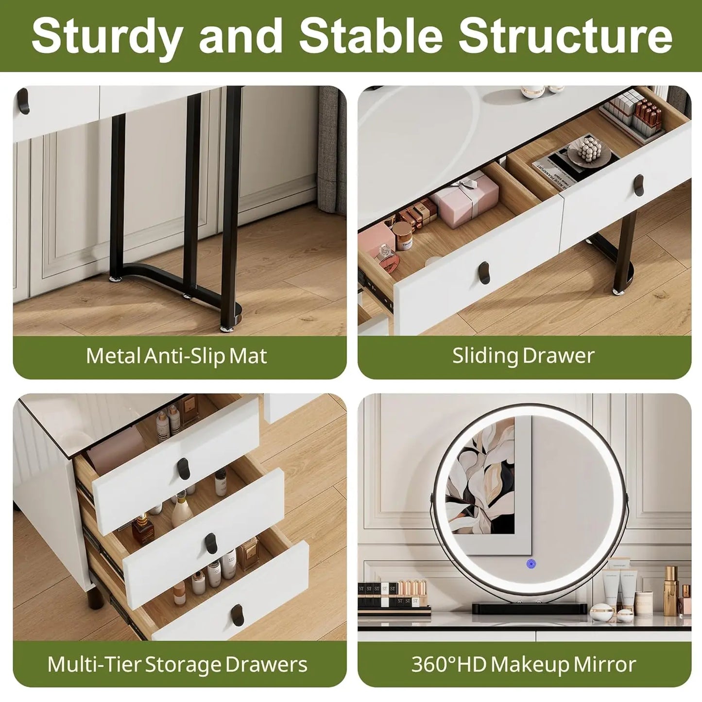 Vanity Desk With Round Mirror And Lights Modern Style Makeup Table