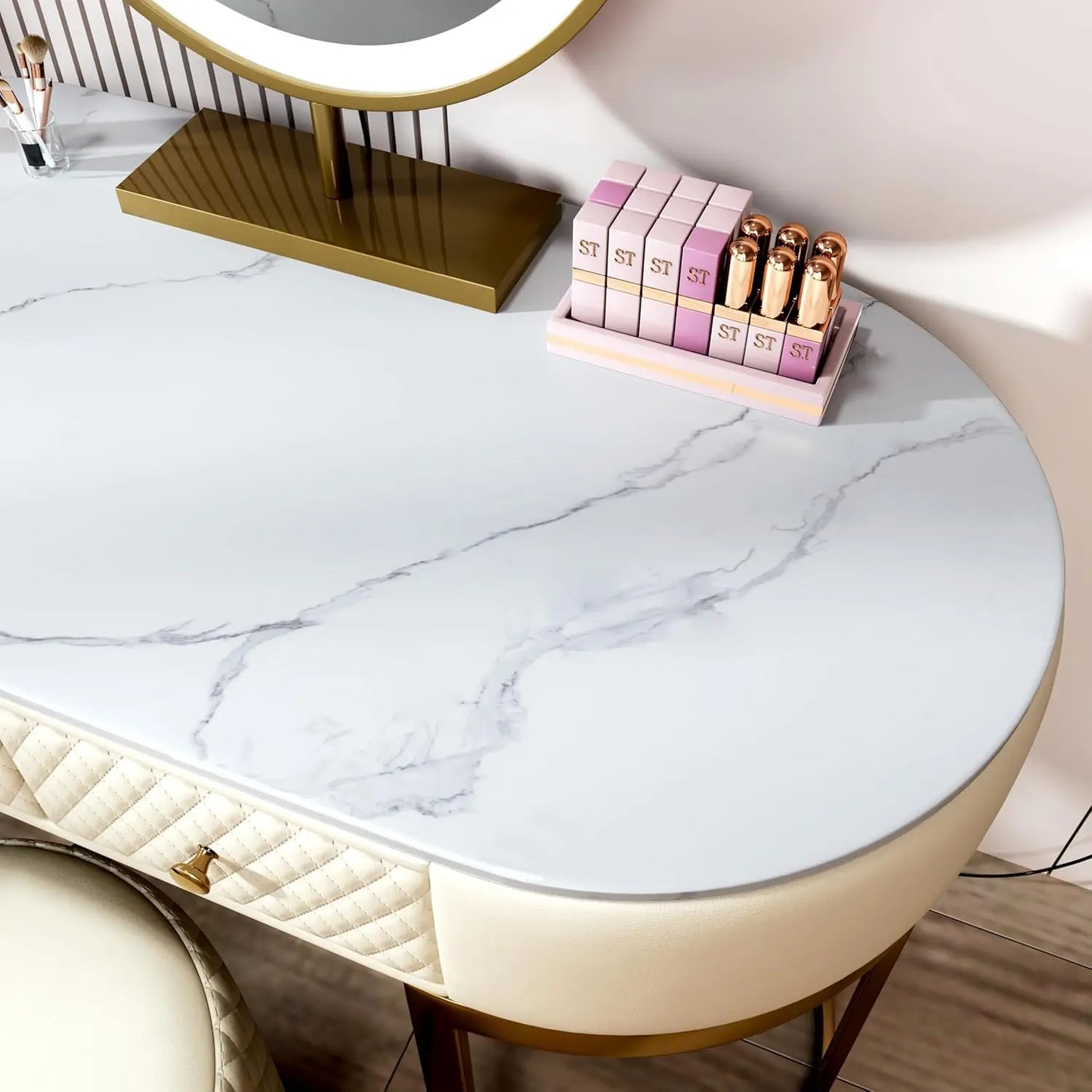 Modern Faux Leather Vanity Desk With HD Mirror And Lighting