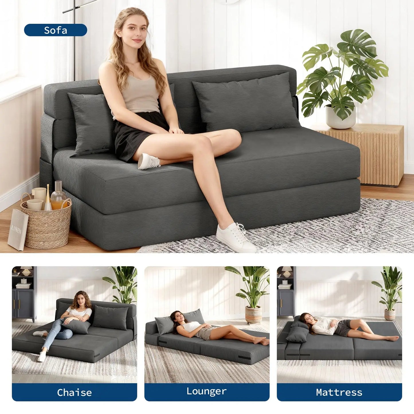 HobbyLane 4 In 1 Folding Sofa Bed Corduroy Sleeper Loveseat