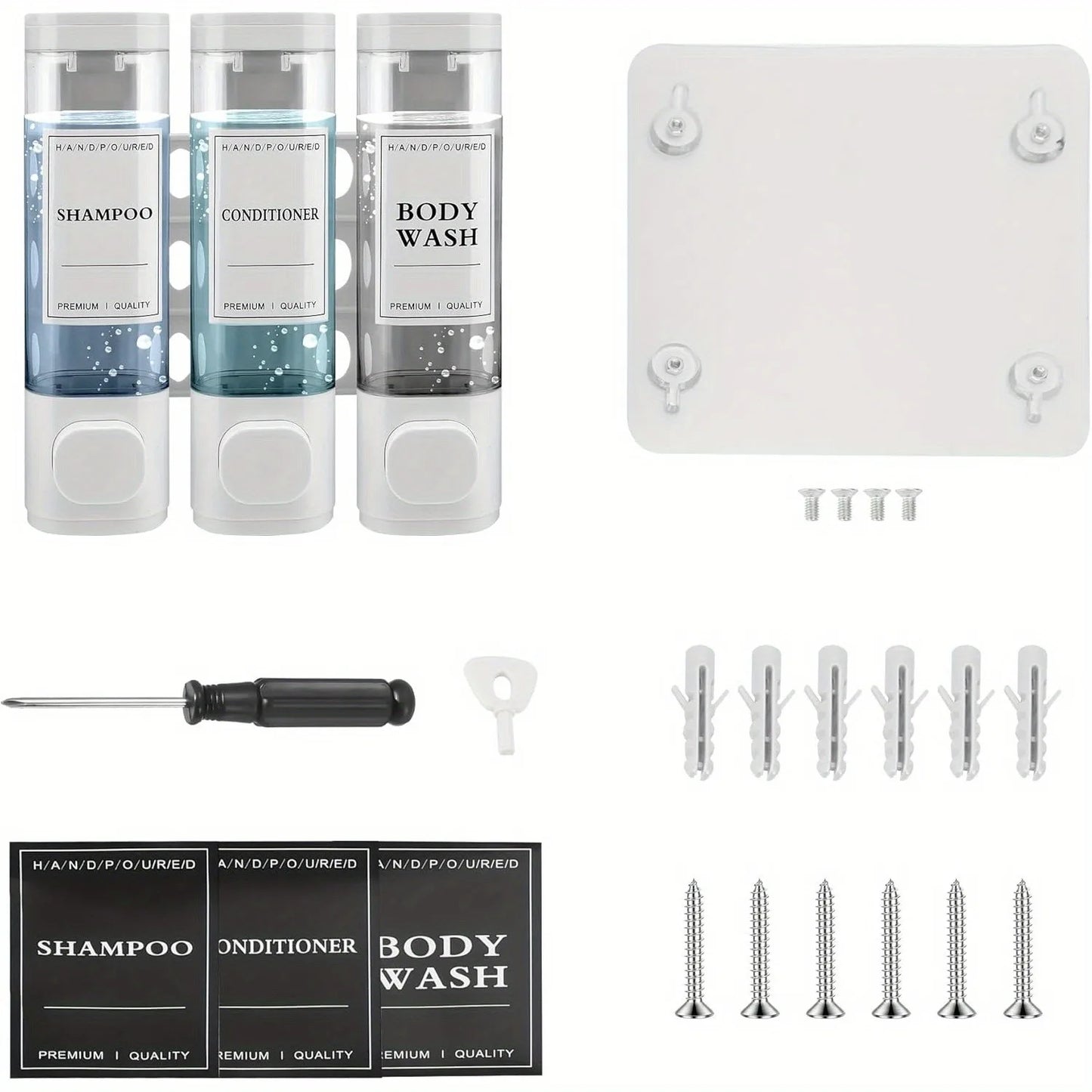Wall Mounted 3-In-1 Shampoo Conditioner Soap Dispenser No Drilling ABS