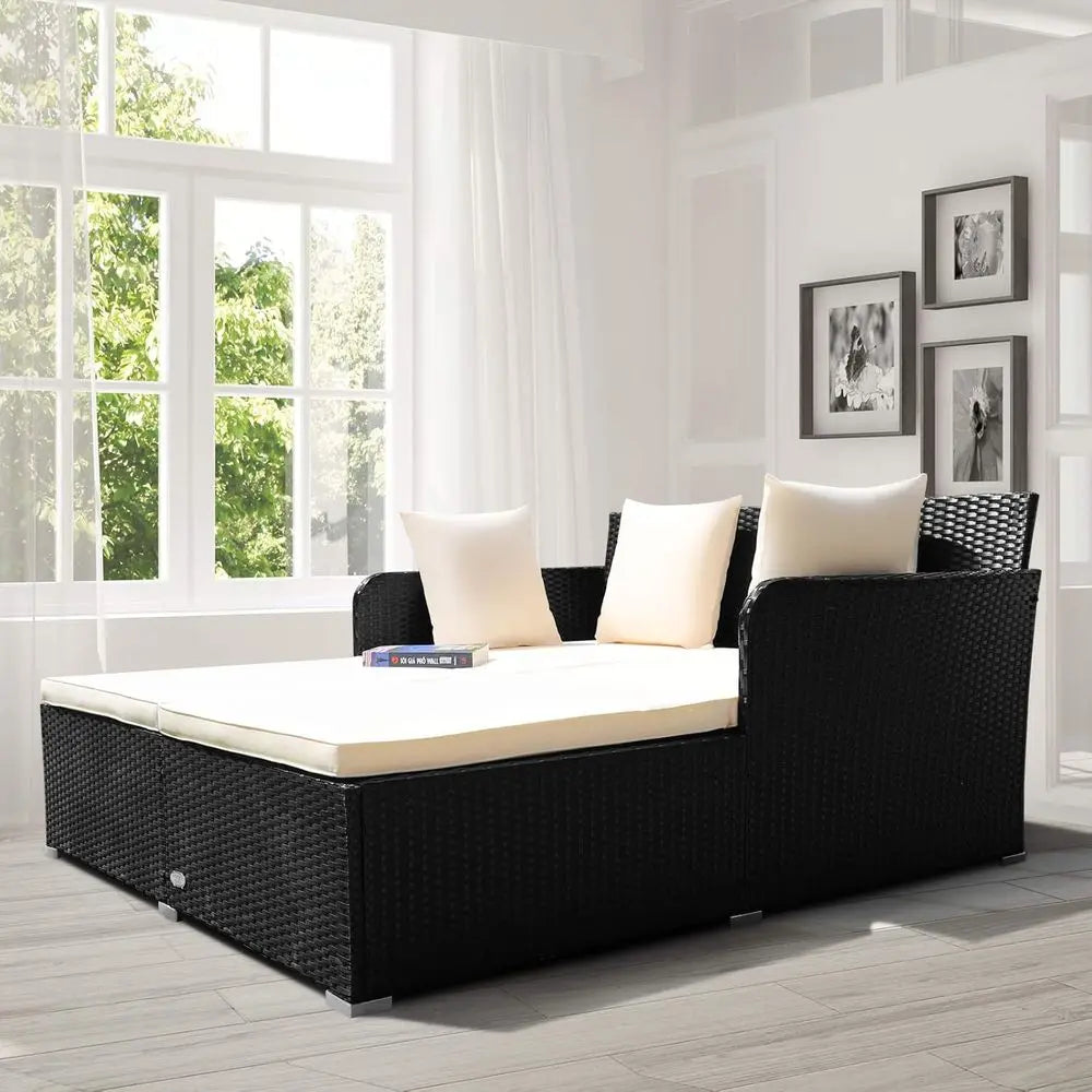 Rattan Daybed With Cushioned Loveseat And Pillows For Outdoor Patio Courtyard