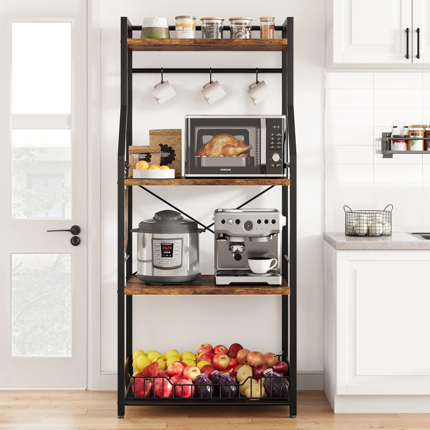 TWISTER.CK Kitchen Bakers Rack Microwave Stand With Wire Basket