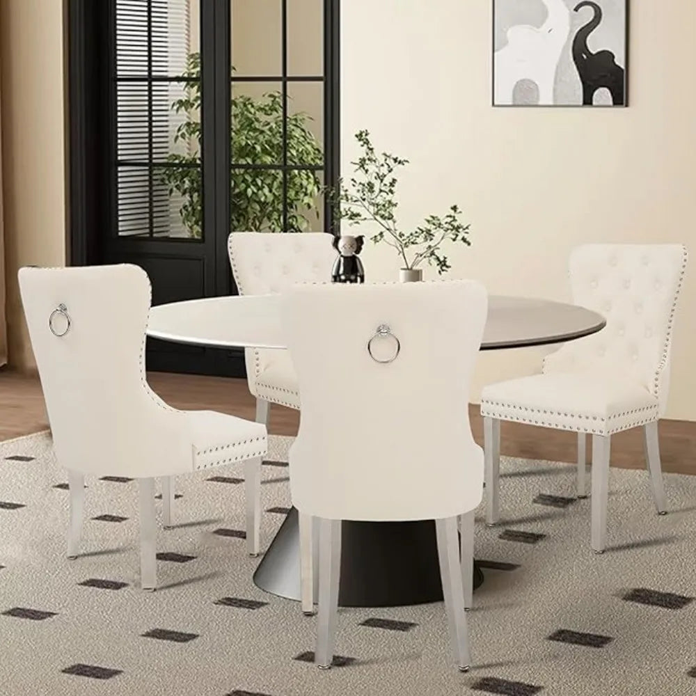 Velvet Tufted Dining Chairs With Pull Ring And Steel Legs