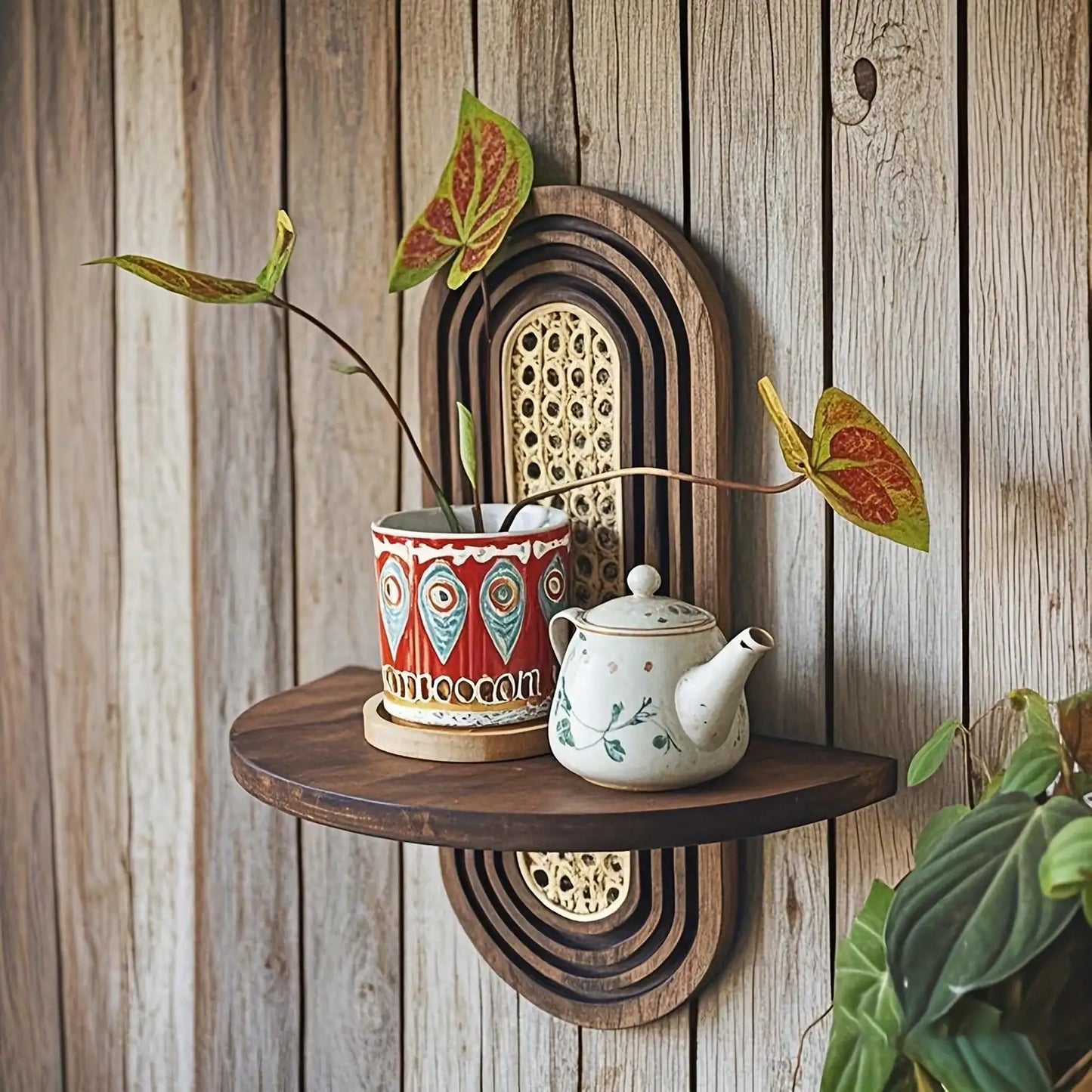 Arched Bohemian Wood Rattan Floating Shelf For Living Room