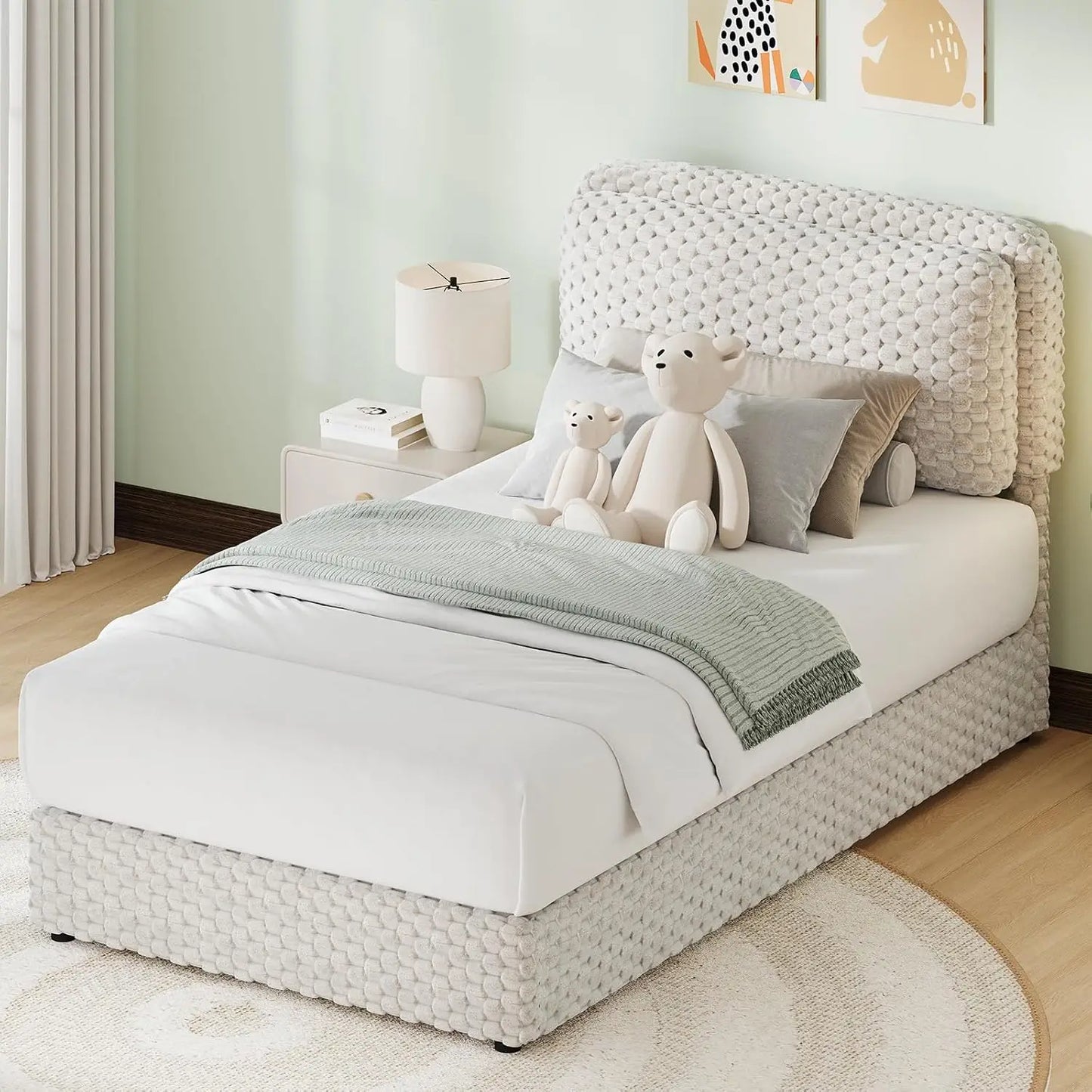 Corduroy Upholstered Platform Bed Frame With Soft Headboard And Slats
